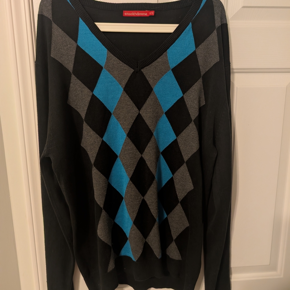 Men's Stockhomme Black, Gray, and Blue Argyle Sweater